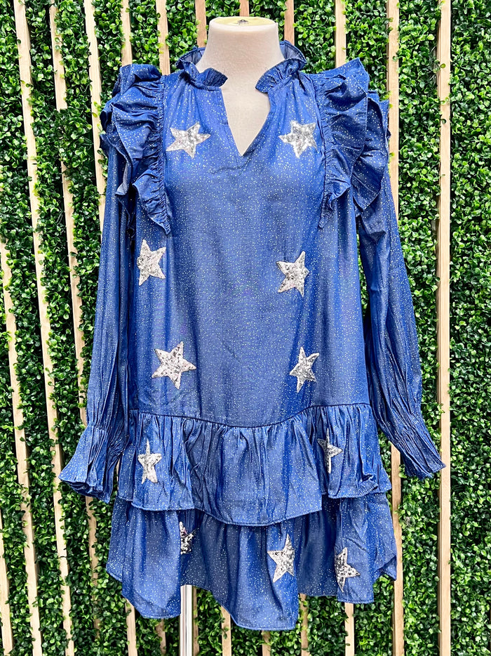 Sparkly Star Ruffled Dropwaist Denim Dress