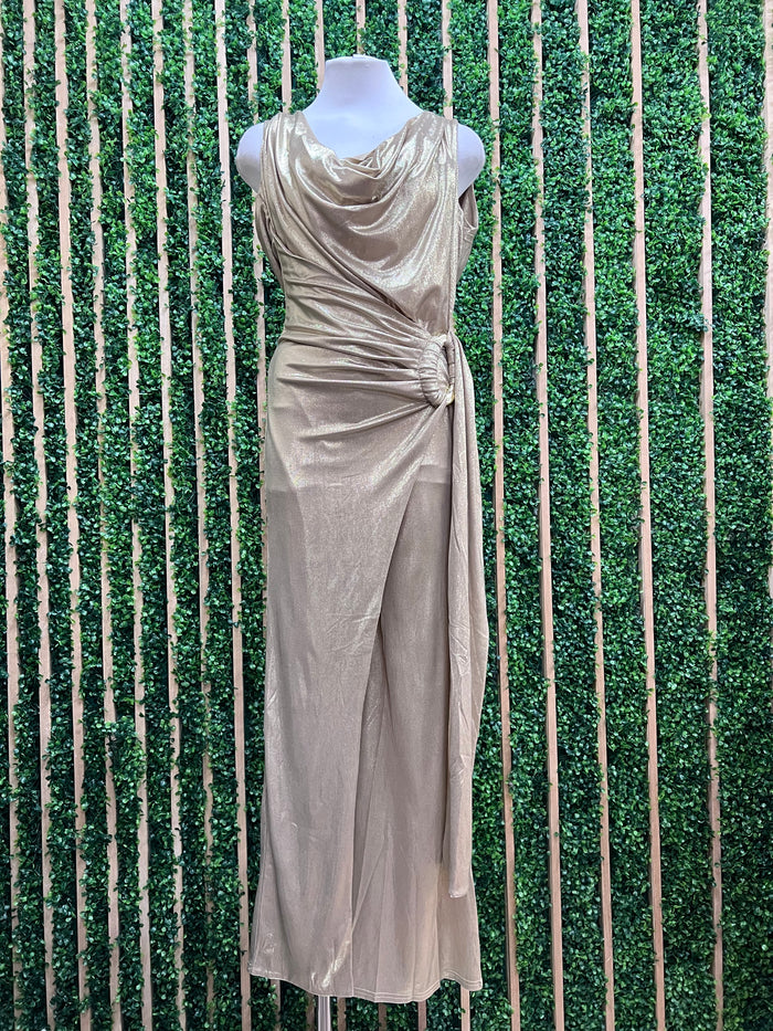 Metallic Champagne Drape Wide-Leg Jumpsuit