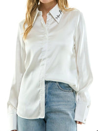 White J'Adore Button Up Satin Blouse