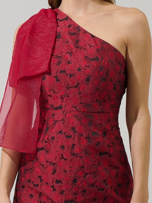 Red Bow Detail Jacquard One Shoulder Short Dress