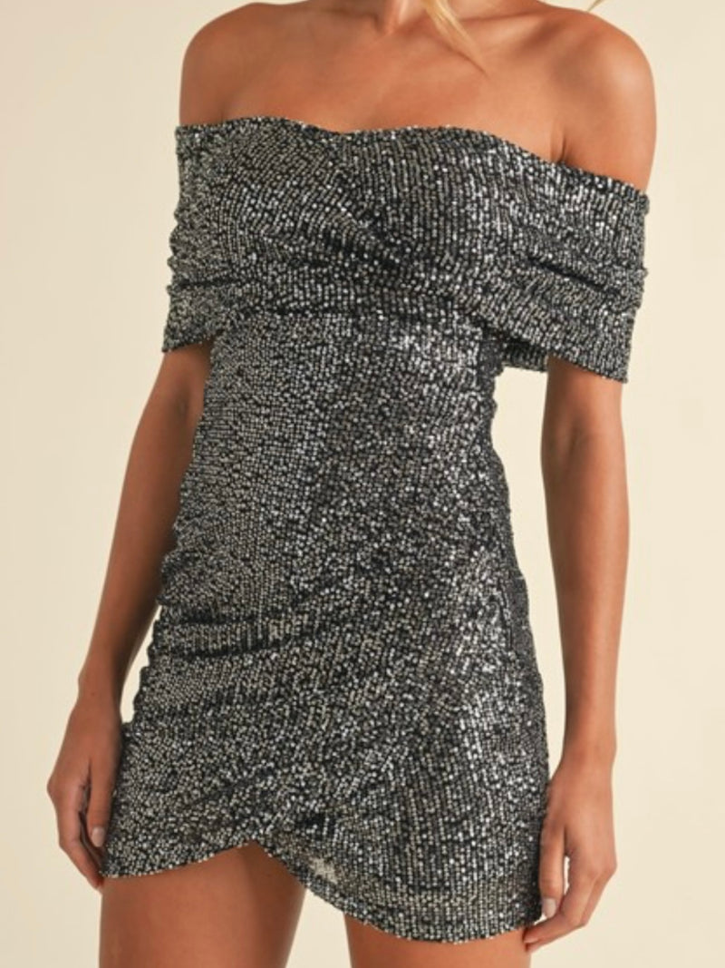 Black Silver Sequin Foldover Soulder Short Dress