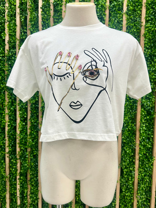 White Face Bejeweled Crop Tee