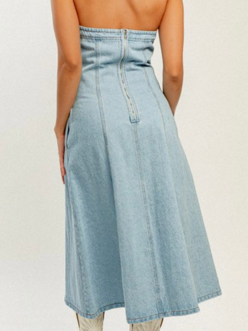 Strapless Denim Midi Dress