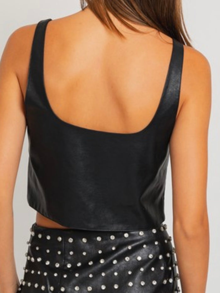 Black Asymmetrical Pleather Crop Top