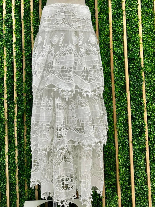 Exquisite White Lace Tiered Maxi Skirt