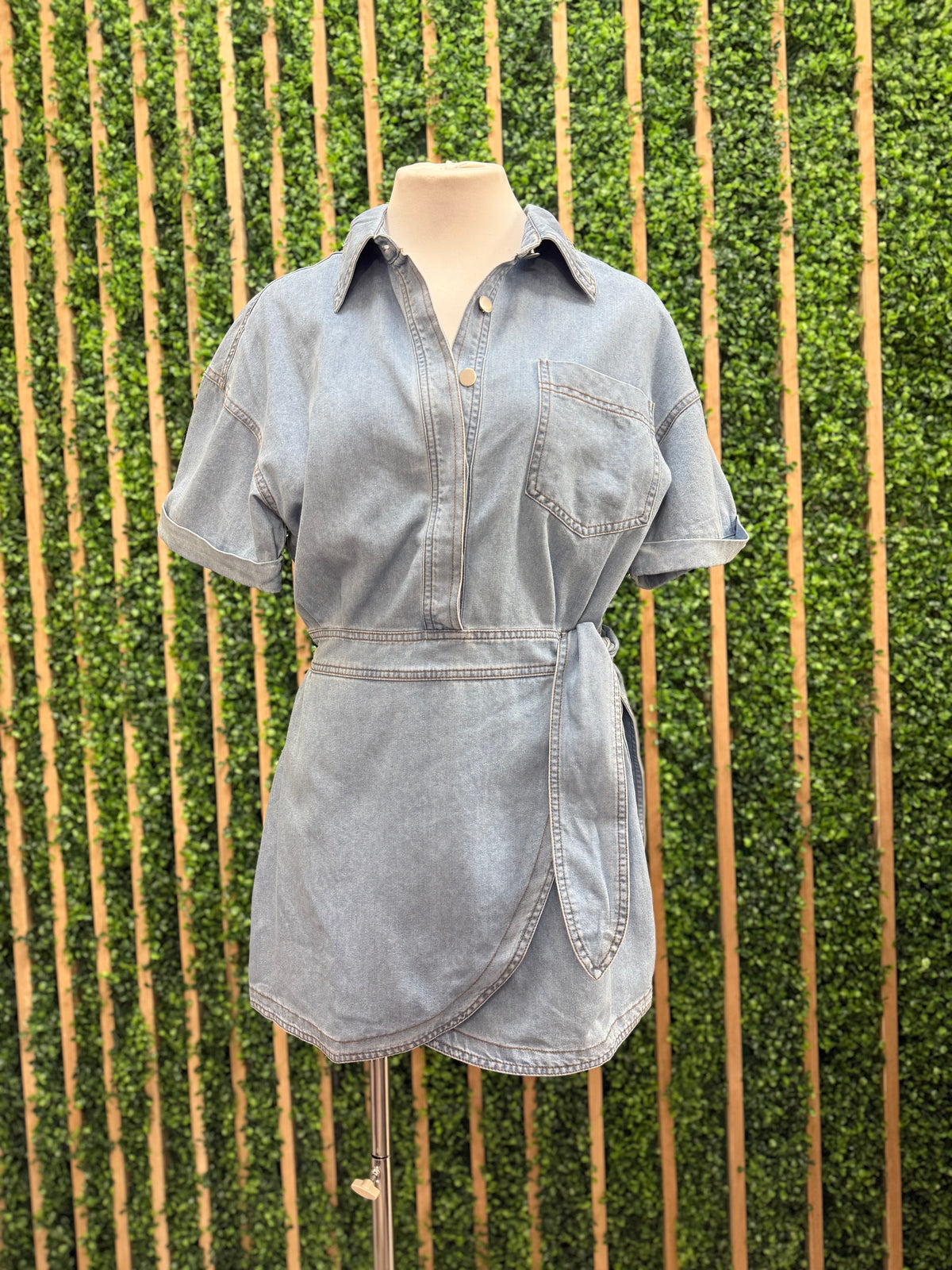 Denim Short Sleeve Collar Wrap Style Mini Dress