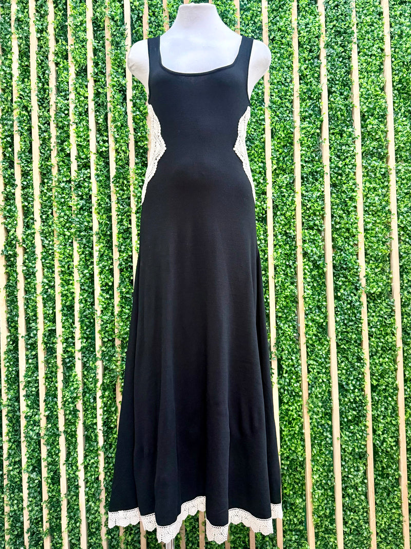 Black Side Crochet Scoop Neck Midi Dress