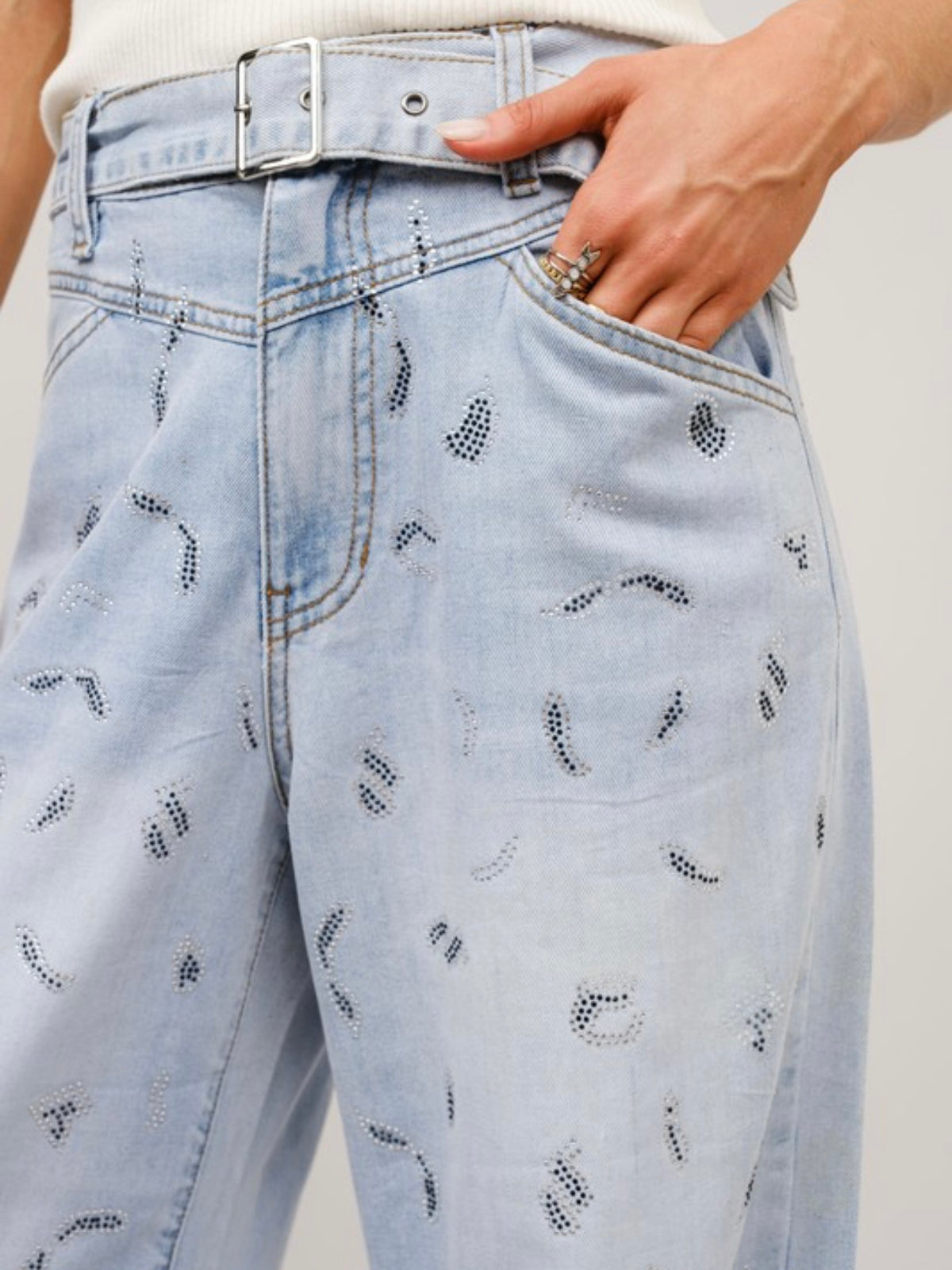 Belted Studded Leopard Wide Leg Jeans