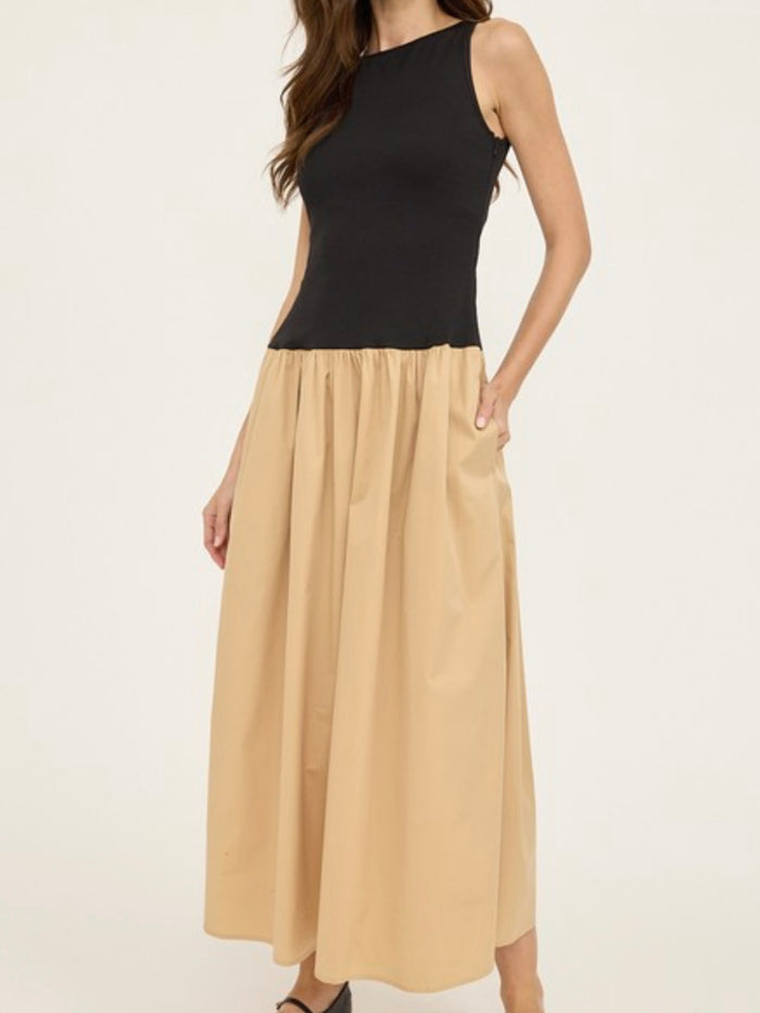 Black Beige Drop Waist Midi Dress