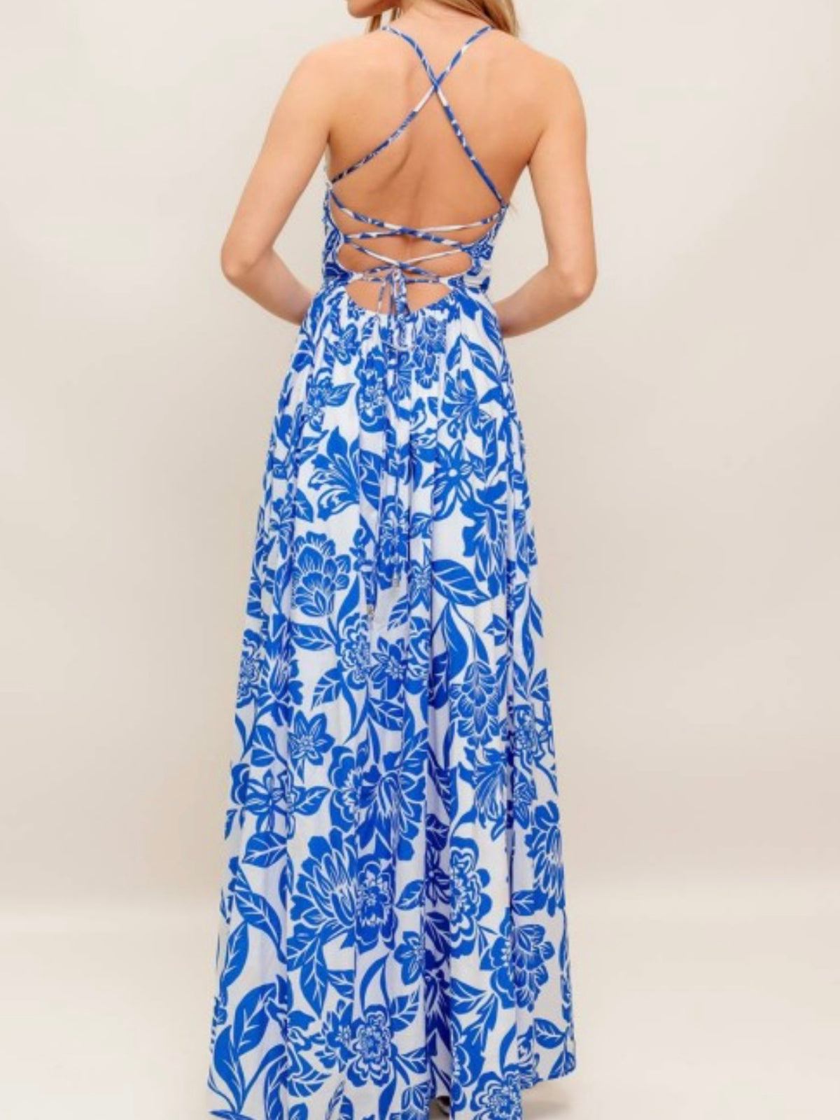 Ivory Blue Floral Square Neck Maxi Dress