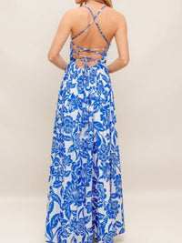 Ivory Blue Floral Square Neck Maxi Dress
