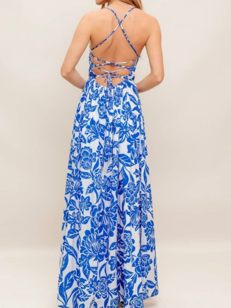 Ivory Blue Floral Square Neck Maxi Dress