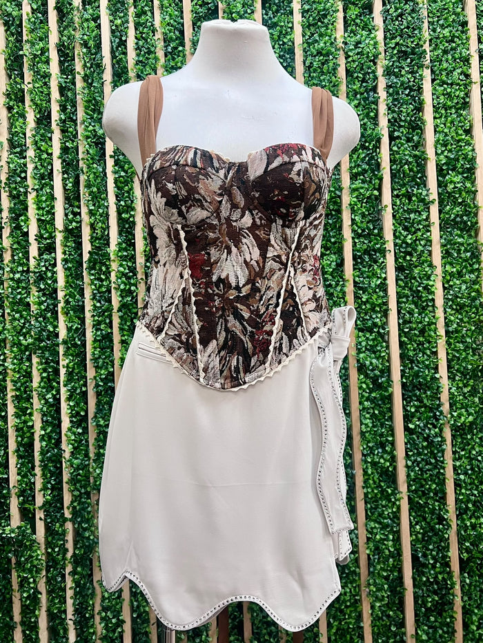 Brown Floral Jacquard Lace-Up Corset Top