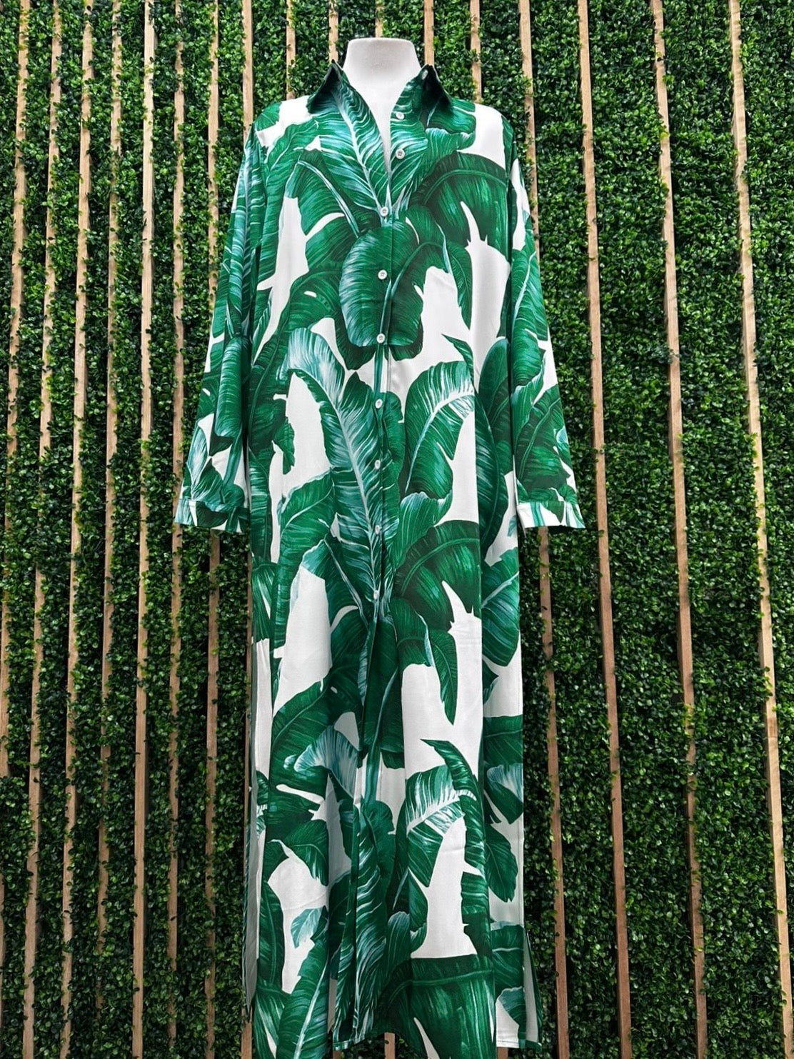 Green Tropical Leaves Blouse Midi Dress