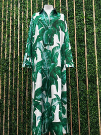 Green Tropical Leaves Blouse Midi Dress