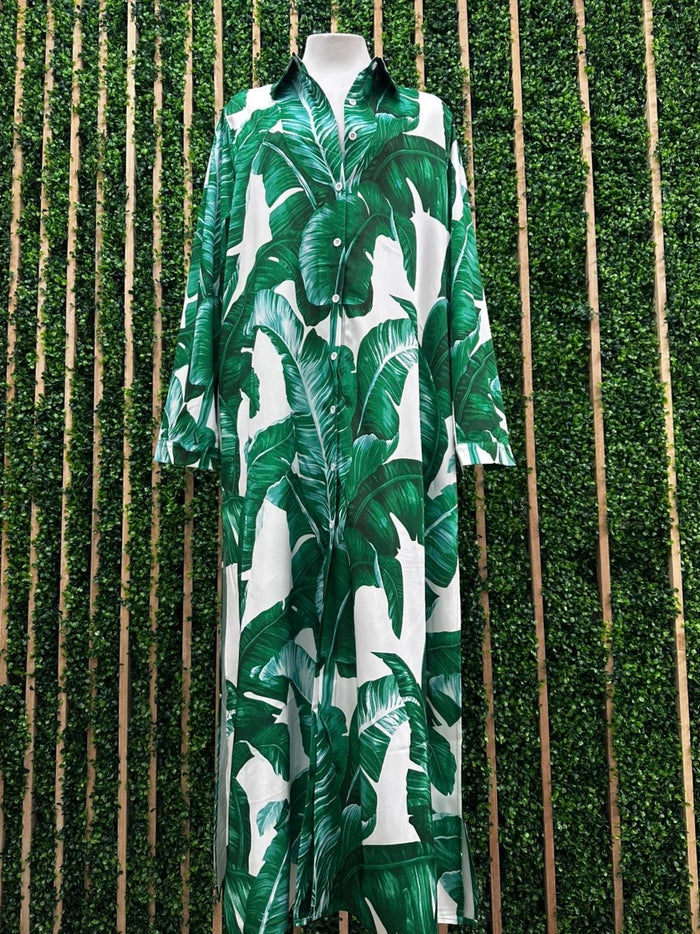 Green Tropical Leaves Blouse Midi Dress