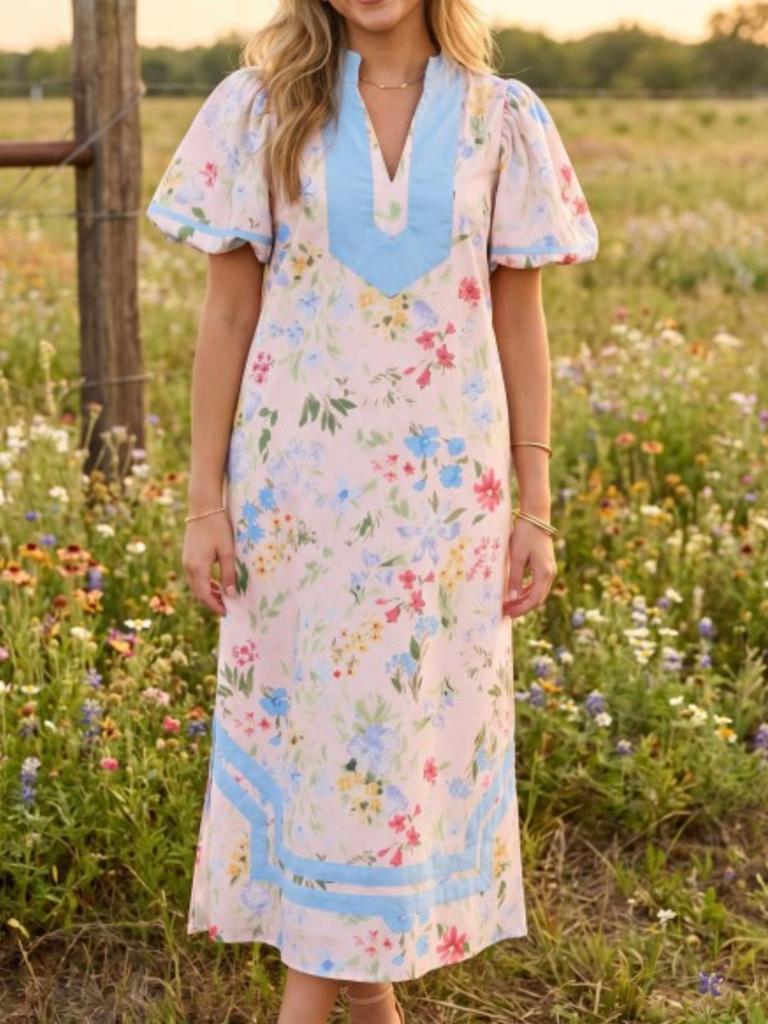 Blue Trim Pastel Puff Sleeve Floral Midi Dress
