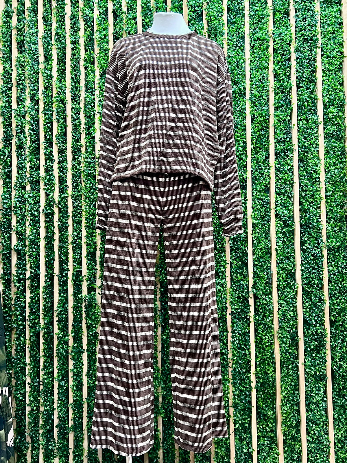 Chocolate & Ivory Striped Knit Top and Wide-Leg Pants Set