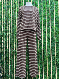 Chocolate & Ivory Striped Knit Top and Wide-Leg Pants Set