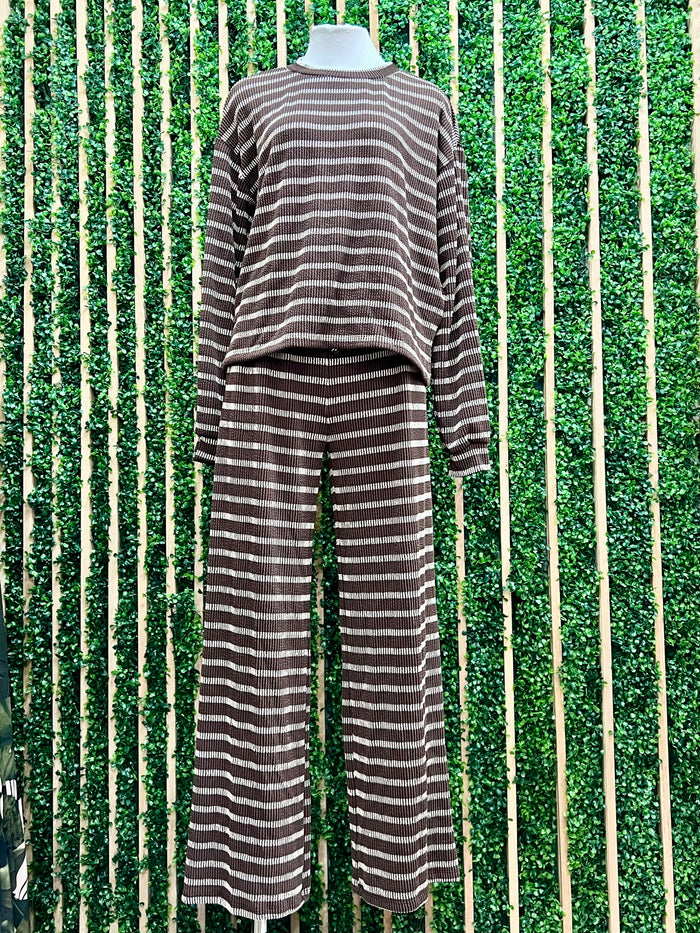 Chocolate & Ivory Striped Knit Top and Wide-Leg Pants Set
