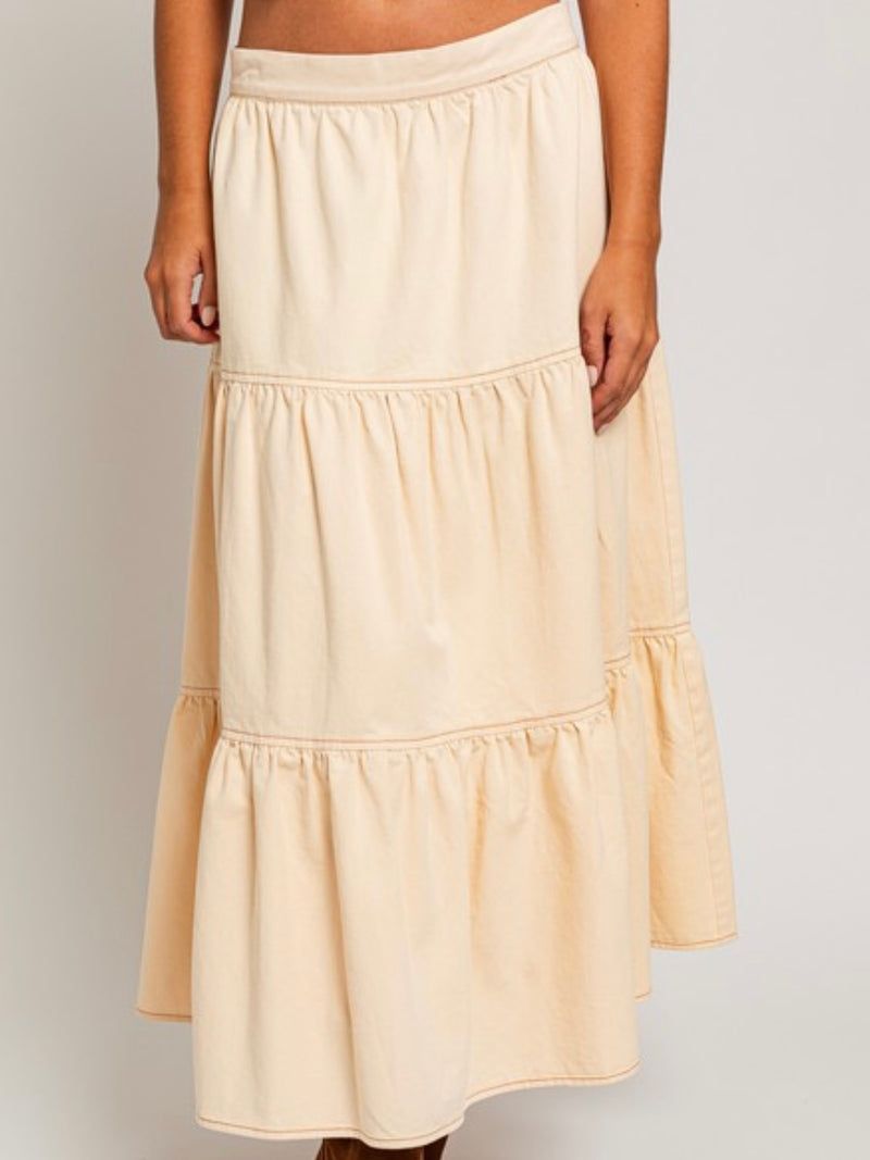 Cream Tiered Denim Midi Skirt