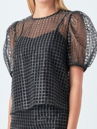 Black Sequin Organza Mesh Blouse