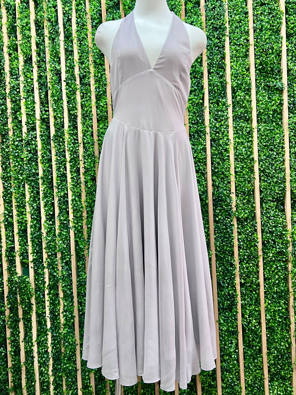 Light Grey Plunge Neckline Halter Flare Chiffon Midi Dress