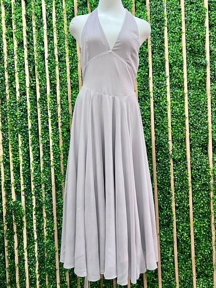 Light Grey Plunge Neckline Halter Flare Chiffon Midi Dress