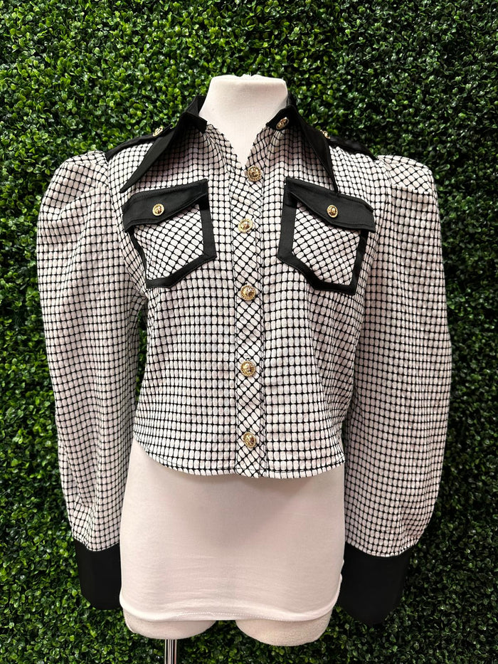 Black White Puff Sleeve Plaid Blouse