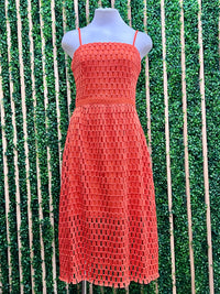 Exquisite Orange Crochet Midi Dress with Spaghetti Straps