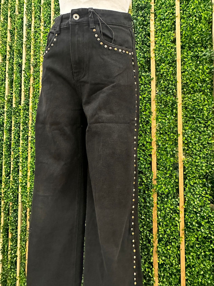 Black Side Studded Straight Jeans