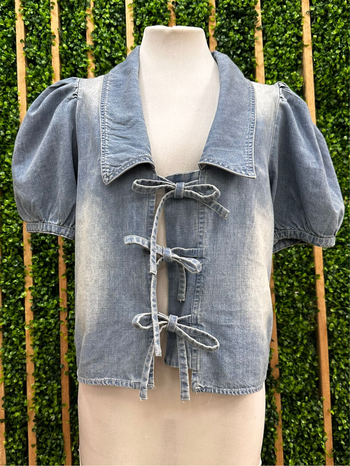 Peter Pan Collar Front Tie Denim Blouse