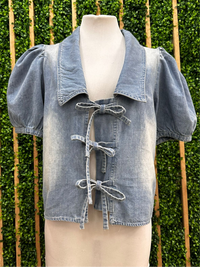 Peter Pan Collar Front Tie Denim Blouse