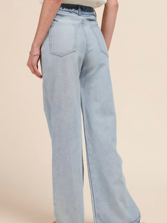 Mid Rise Frayed Contrast Wide Leg Denim
