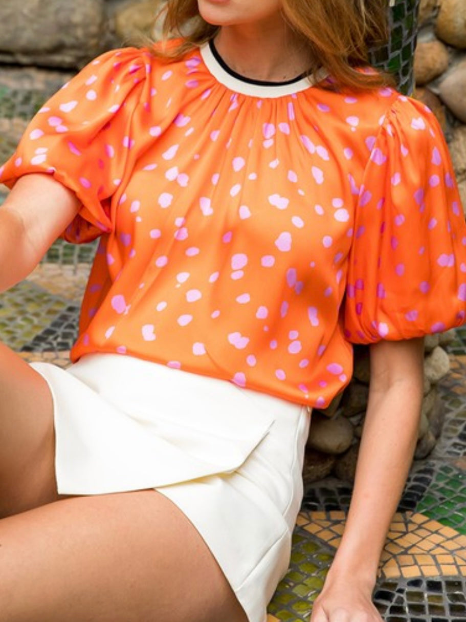 Orange Pink Dots Trimmed Puff SleeveBlouse