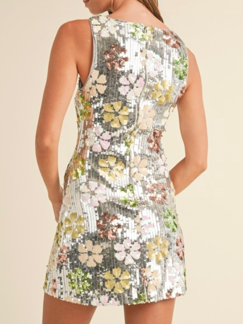 Beautiful Silver Floral Sequin Square Neck Short Dress