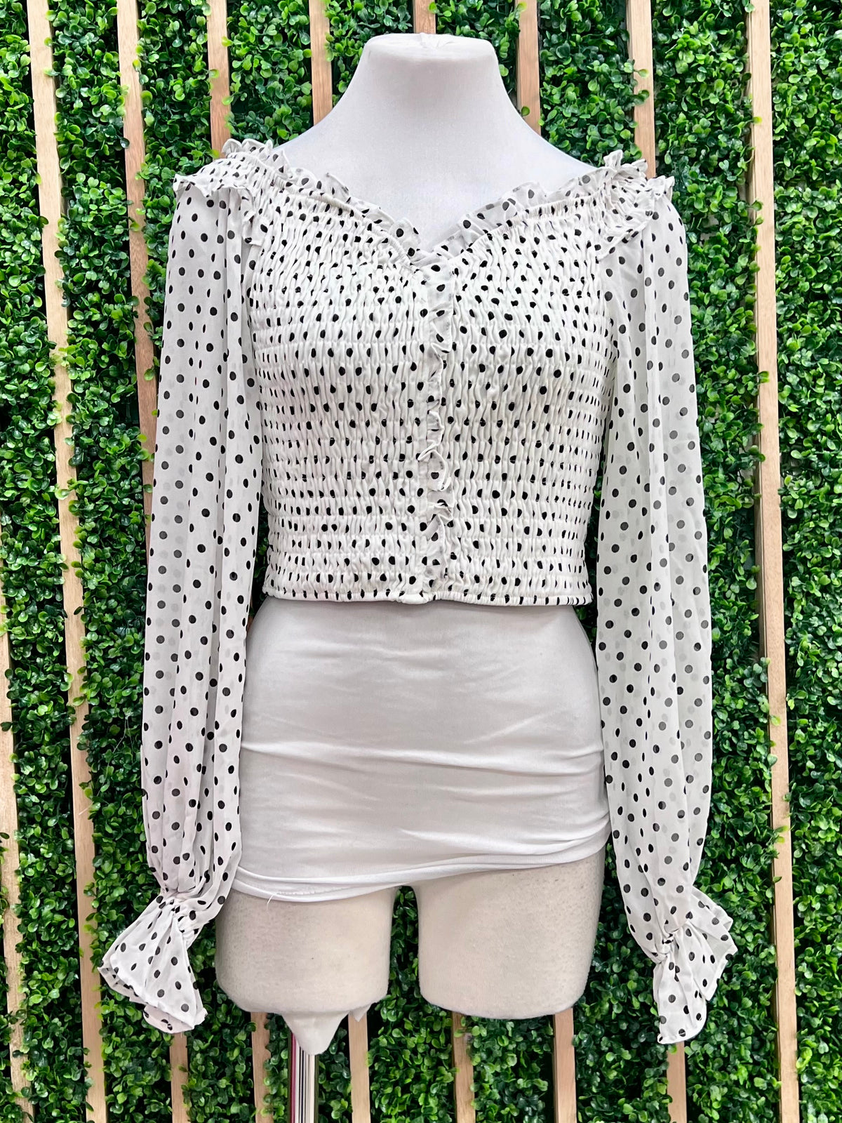 White Polka Dot Off Shoulder Top