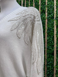 White Tonal Feather Beaded Shoulder Embellished Sweater