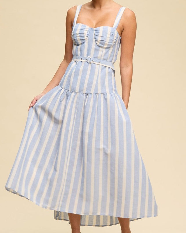 Blue White Seaside Elegance Stripe Midi Dress