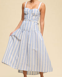 Blue White Seaside Elegance Stripe Midi Dress