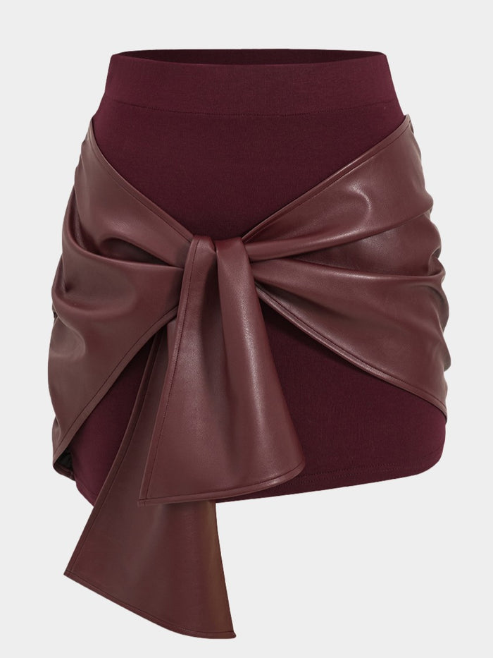 Burgundy Faux Leather Tie-Front Mini Skirt