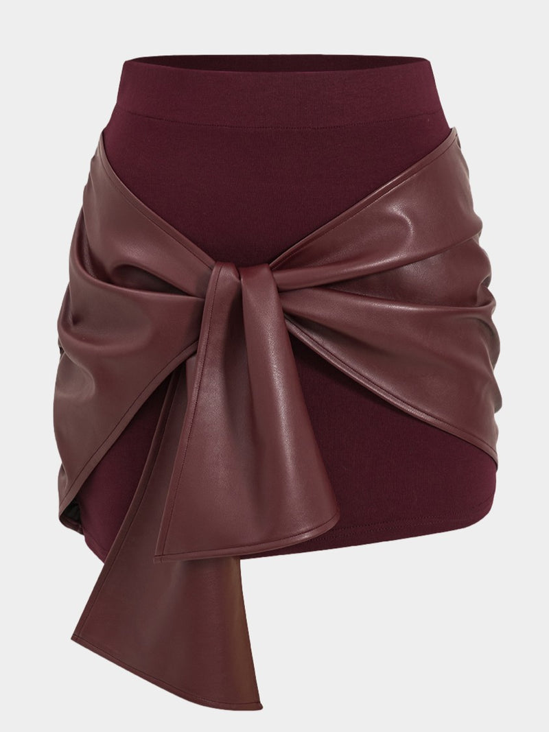 Burgundy Faux Leather Tie-Front Mini Skirt