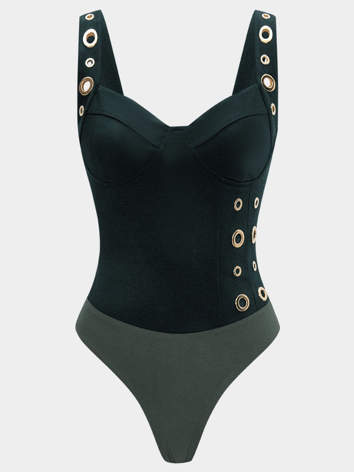 Grommet Corset Bodysuit – Black & Forest Green
