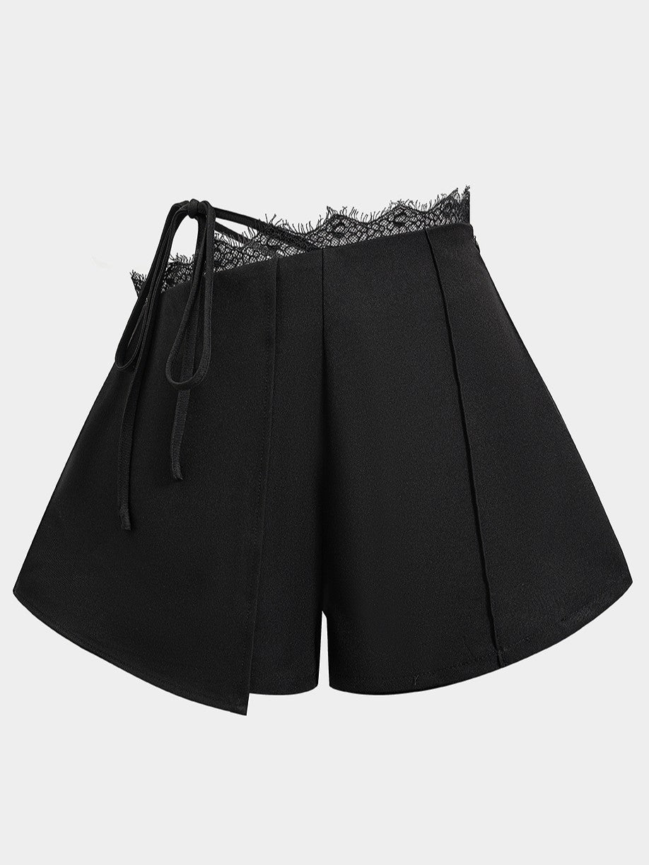 Black Lace-Trim Tie Waist Tailored Shorts
