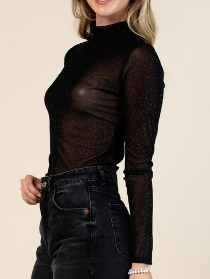 Sparkly Black Mesh Long Sleeve Bodysuit Top