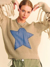 Beige Knit Sweater with Denim Star Patch