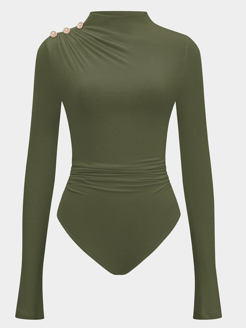 Ruched Mock Neck Bodysuit with Jeweled Shoulder Buttons