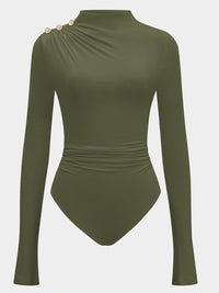 Ruched Mock Neck Bodysuit with Jeweled Shoulder Buttons