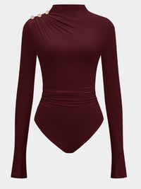 Ruched Mock Neck Bodysuit with Jeweled Shoulder Buttons