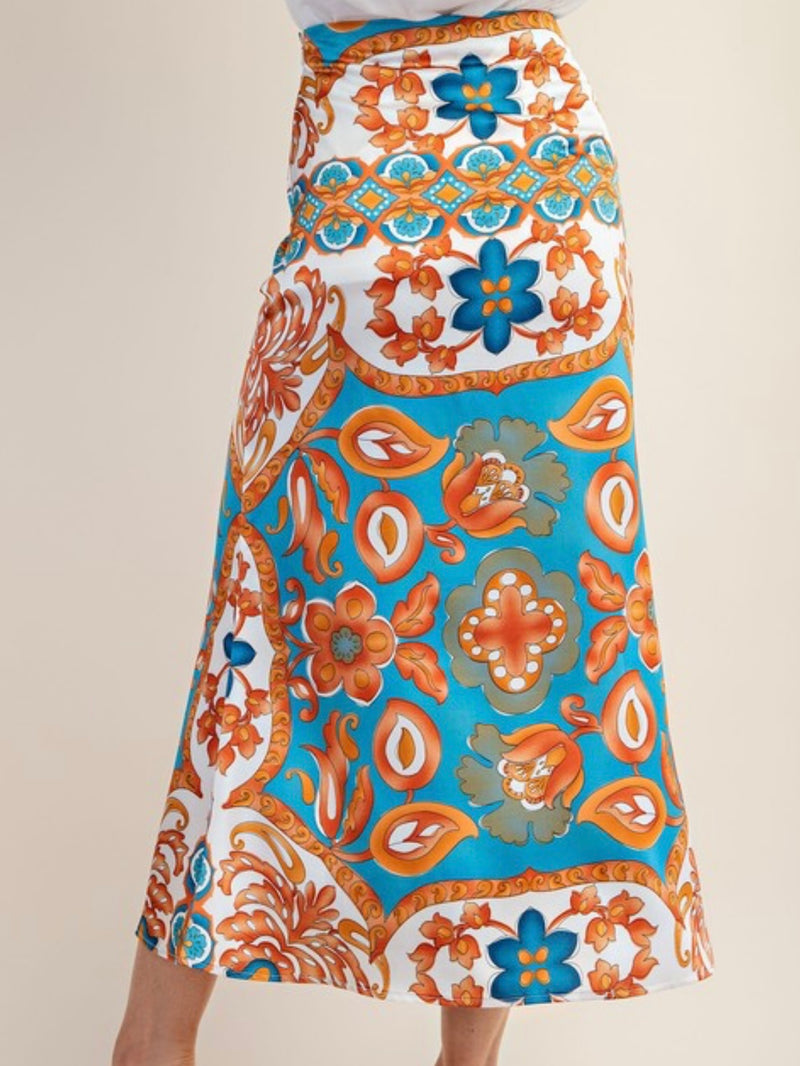 Blue Vines Satin Midi Skirt